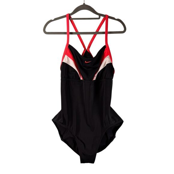 VTG Y2k Nike Colorblock SIZE MEDIUM One Piece Swimsuit Racerback Black Red Women - Picture 1 of 14